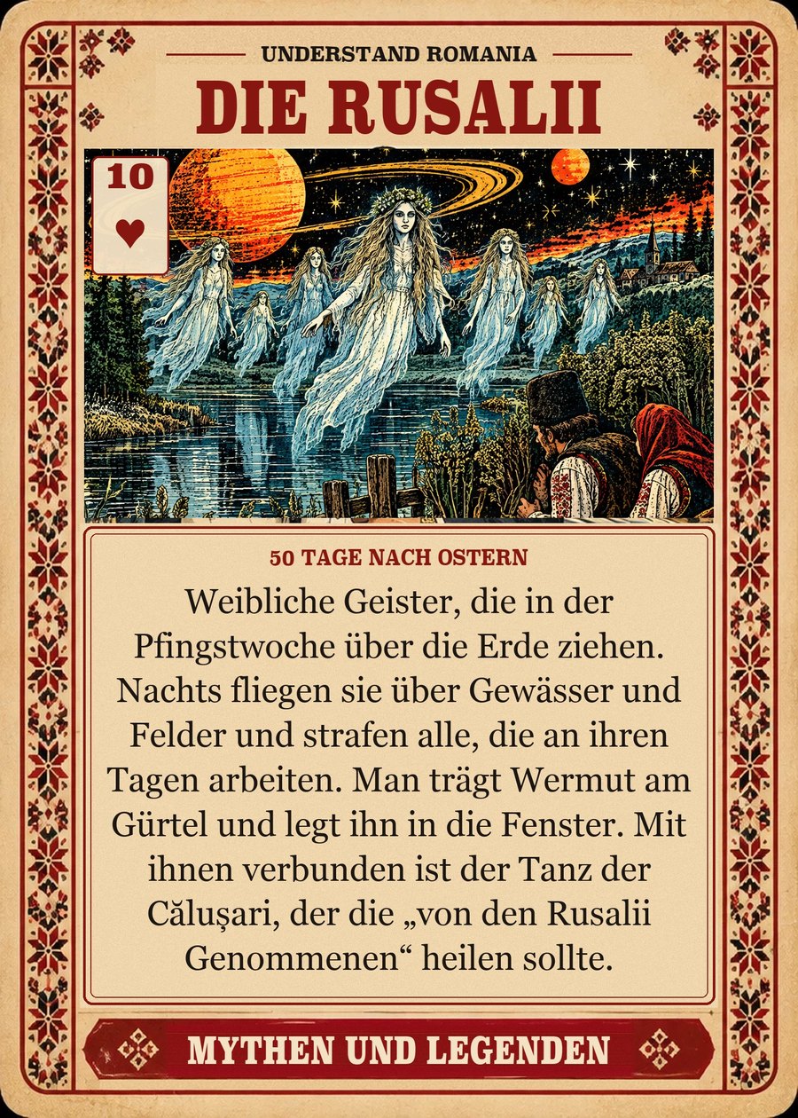 DIE RUSALII — 50 Tage nach Ostern. Weibliche Geister, die in der Pfingstwoche über die Erde ziehen. Nachts fliegen sie über Gewässer und Felder und strafen alle, die an ihren Tagen arbeiten. Man trägt Wermut am Gürtel und legt ihn in die Fenster. Mit ihnen verbunden ist der Tanz der Călușari, der die „von den Rusalii Genommenen“ heilen sollte.