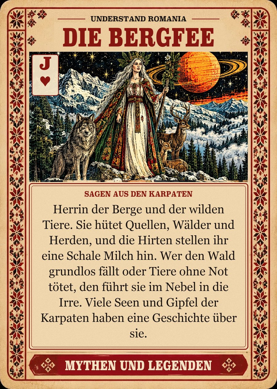 DIE BERGFEE — Sagen aus den Karpaten. Herrin der Berge und der wilden Tiere. Sie hütet Quellen, Wälder und Herden, und die Hirten stellen ihr eine Schale Milch hin. Wer den Wald grundlos fällt oder Tiere ohne Not tötet, den führt sie im Nebel in die Irre. Viele Seen und Gipfel der Karpaten haben eine Geschichte über sie.