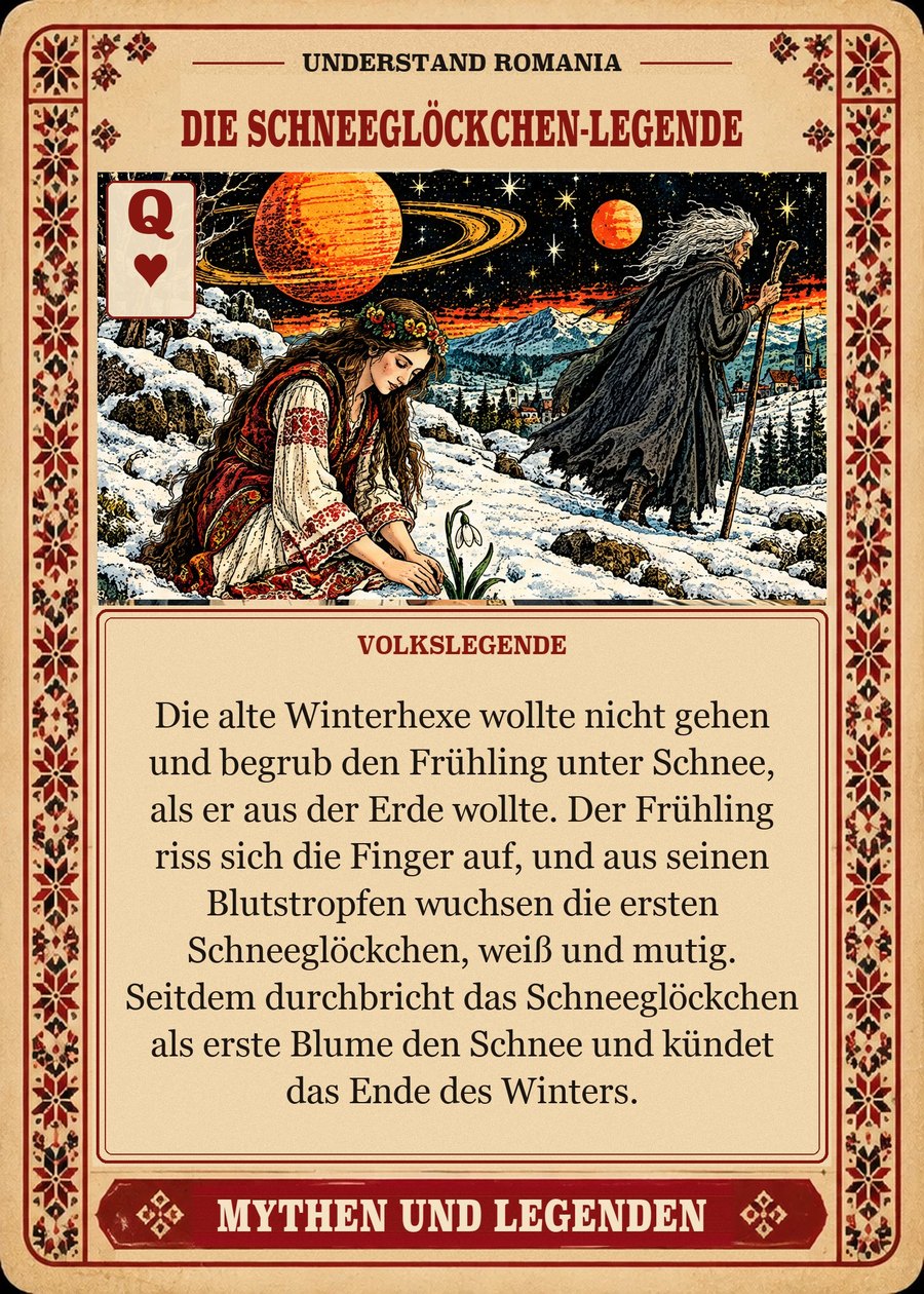 DIE SCHNEEGLÖCKCHEN-LEGENDE — Volkslegende. Die alte Winterhexe wollte nicht gehen und begrub den Frühling unter Schnee, als er aus der Erde wollte. Der Frühling riss sich die Finger auf, und aus seinen Blutstropfen wuchsen die ersten Schneeglöckchen, weiß und mutig. Seitdem durchbricht das Schneeglöckchen als erste Blume den Schnee und kündet das Ende des Winters.