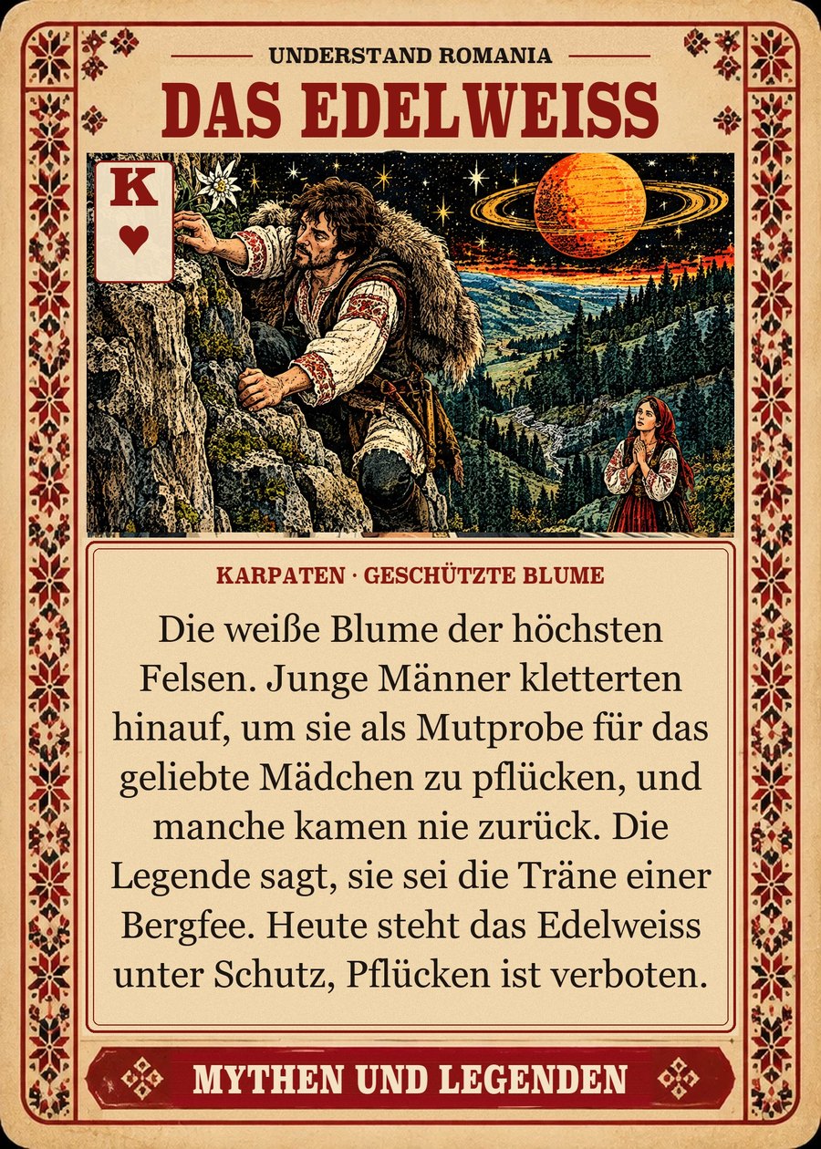 DAS EDELWEISS — Karpaten · geschützte Blume. Die weiße Blume der höchsten Felsen. Junge Männer kletterten hinauf, um sie als Mutprobe für das geliebte Mädchen zu pflücken, und manche kamen nie zurück. Die Legende sagt, sie sei die Träne einer Bergfee. Heute steht das Edelweiss unter Schutz, Pflücken ist verboten.