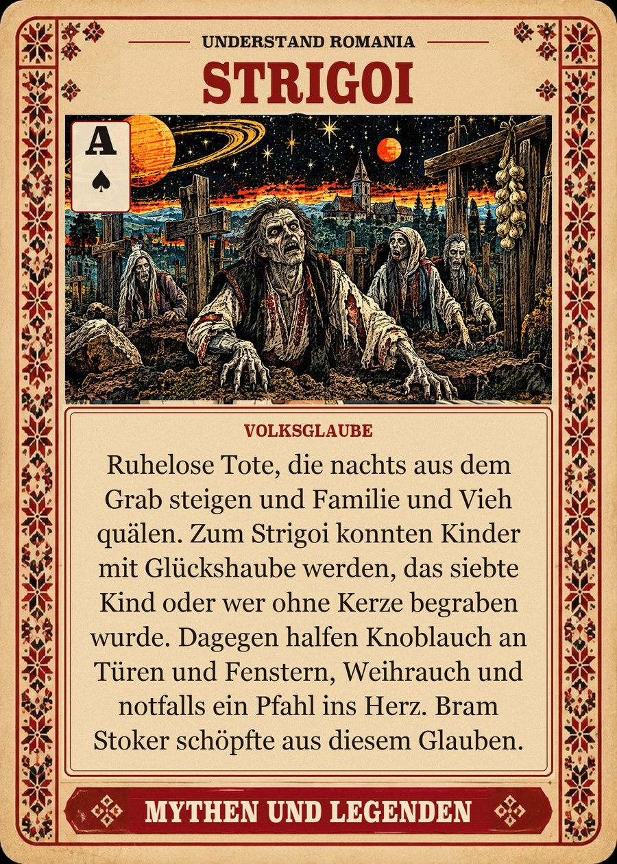 STRIGOI — Volksglaube. Ruhelose Tote, die nachts aus dem Grab steigen und Familie und Vieh quälen. Zum Strigoi konnten Kinder mit Glückshaube werden, das siebte Kind oder wer ohne Kerze begraben wurde. Dagegen halfen Knoblauch an Türen und Fenstern, Weihrauch und notfalls ein Pfahl ins Herz. Bram Stoker schöpfte aus diesem Glauben.