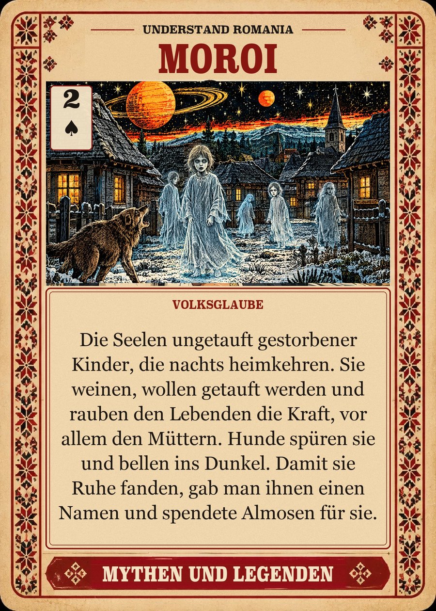 MOROI — Volksglaube. Die Seelen ungetauft gestorbener Kinder, die nachts heimkehren. Sie weinen, wollen getauft werden und rauben den Lebenden die Kraft, vor allem den Müttern. Hunde spüren sie und bellen ins Dunkel. Damit sie Ruhe fanden, gab man ihnen einen Namen und spendete Almosen für sie.
