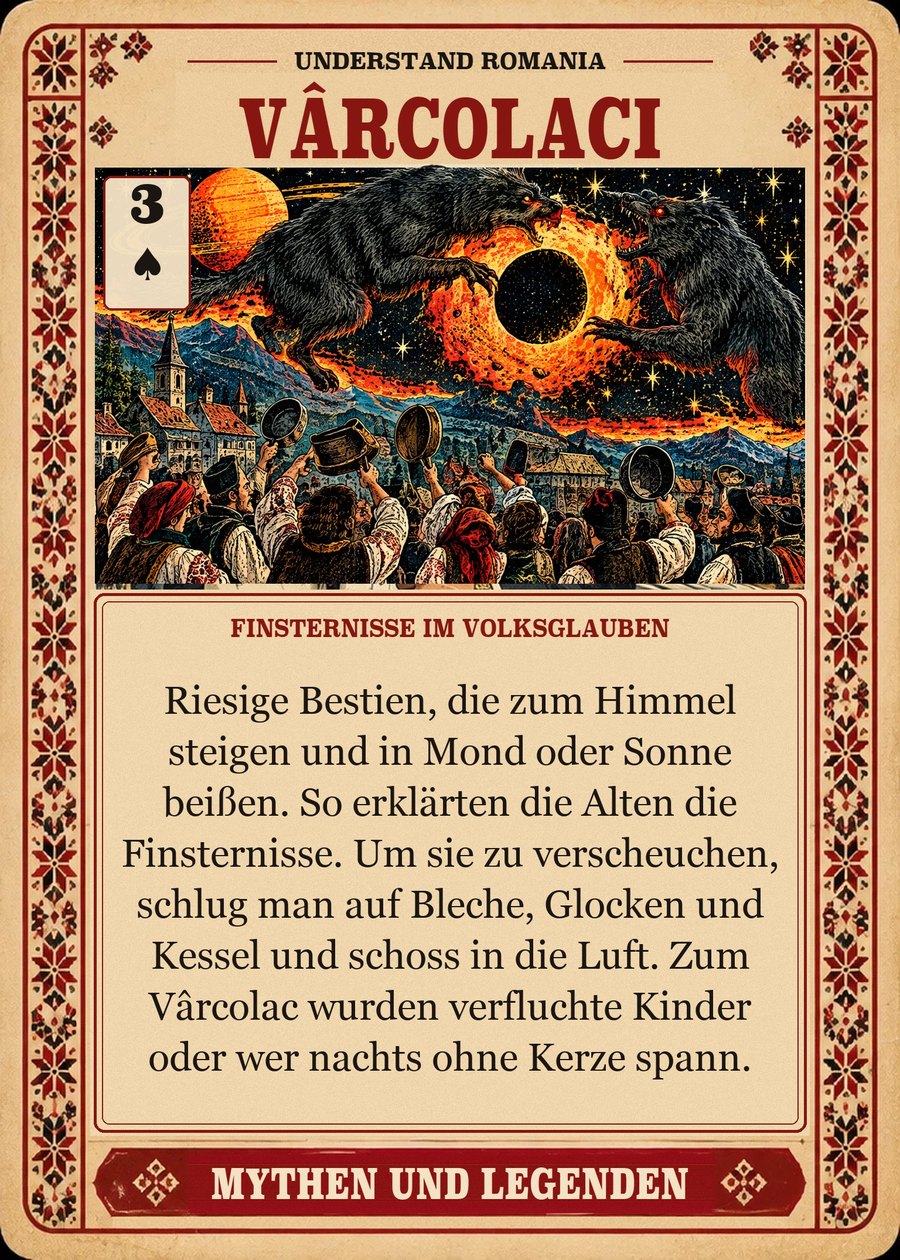 VÂRCOLACI — Finsternisse im Volksglauben. Riesige Bestien, die zum Himmel steigen und in Mond oder Sonne beißen. So erklärten die Alten die Finsternisse. Um sie zu verscheuchen, schlug man auf Bleche, Glocken und Kessel und schoss in die Luft. Zum Vârcolac wurden verfluchte Kinder oder wer nachts ohne Kerze spann.