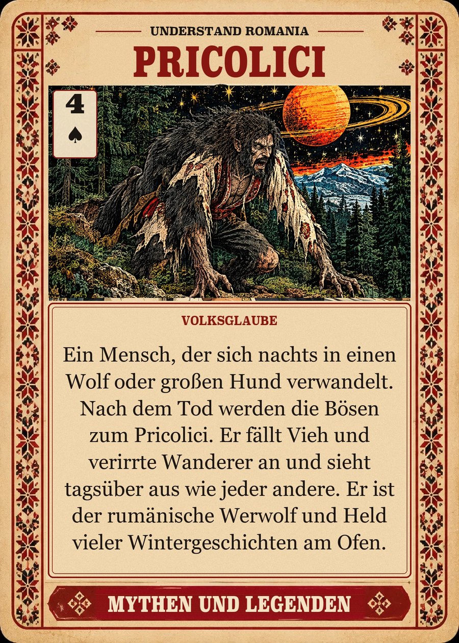 PRICOLICI — Volksglaube. Ein Mensch, der sich nachts in einen Wolf oder großen Hund verwandelt. Nach dem Tod werden die Bösen zum Pricolici. Er fällt Vieh und verirrte Wanderer an und sieht tagsüber aus wie jeder andere. Er ist der rumänische Werwolf und Held vieler Wintergeschichten am Ofen.