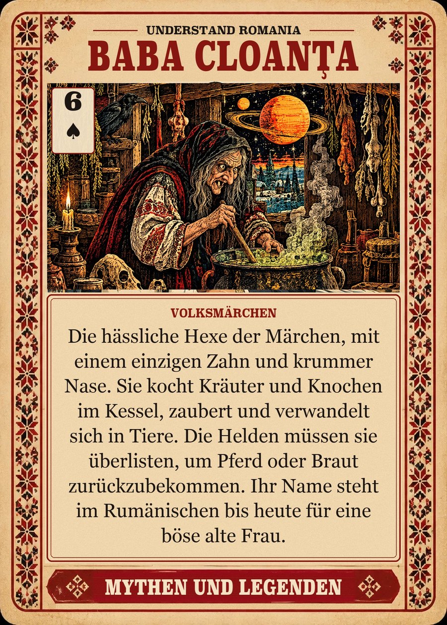BABA CLOANȚA — Volksmärchen. Die hässliche Hexe der Märchen, mit einem einzigen Zahn und krummer Nase. Sie kocht Kräuter und Knochen im Kessel, zaubert und verwandelt sich in Tiere. Die Helden müssen sie überlisten, um Pferd oder Braut zurückzubekommen. Ihr Name steht im Rumänischen bis heute für eine böse alte Frau.