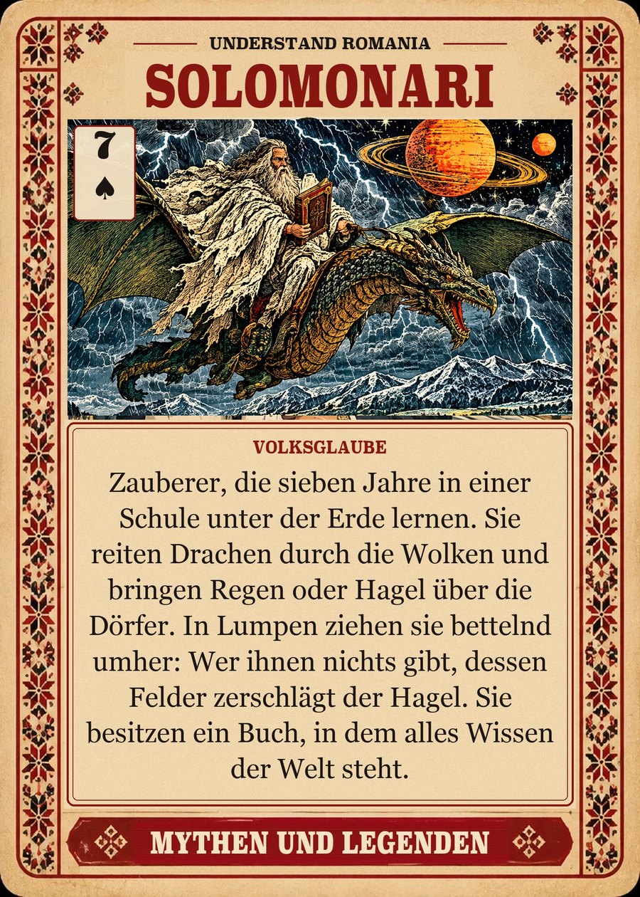 SOLOMONARI — Volksglaube. Zauberer, die sieben Jahre in einer Schule unter der Erde lernen. Sie reiten Drachen durch die Wolken und bringen Regen oder Hagel über die Dörfer. In Lumpen ziehen sie bettelnd umher: Wer ihnen nichts gibt, dessen Felder zerschlägt der Hagel. Sie besitzen ein Buch, in dem alles Wissen der Welt steht.