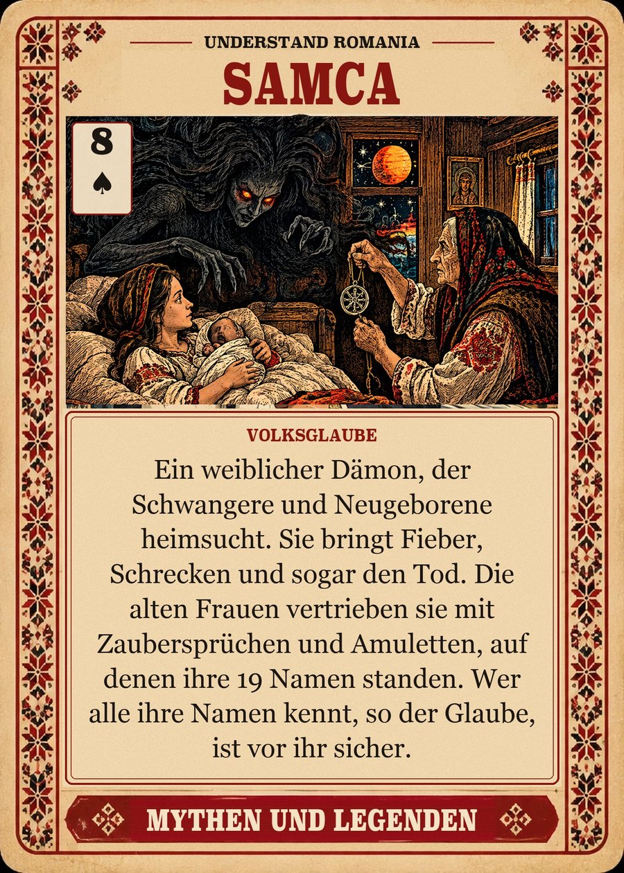 SAMCA — Volksglaube. Ein weiblicher Dämon, der Schwangere und Neugeborene heimsucht. Sie bringt Fieber, Schrecken und sogar den Tod. Die alten Frauen vertrieben sie mit Zaubersprüchen und Amuletten, auf denen ihre 19 Namen standen. Wer alle ihre Namen kennt, so der Glaube, ist vor ihr sicher.
