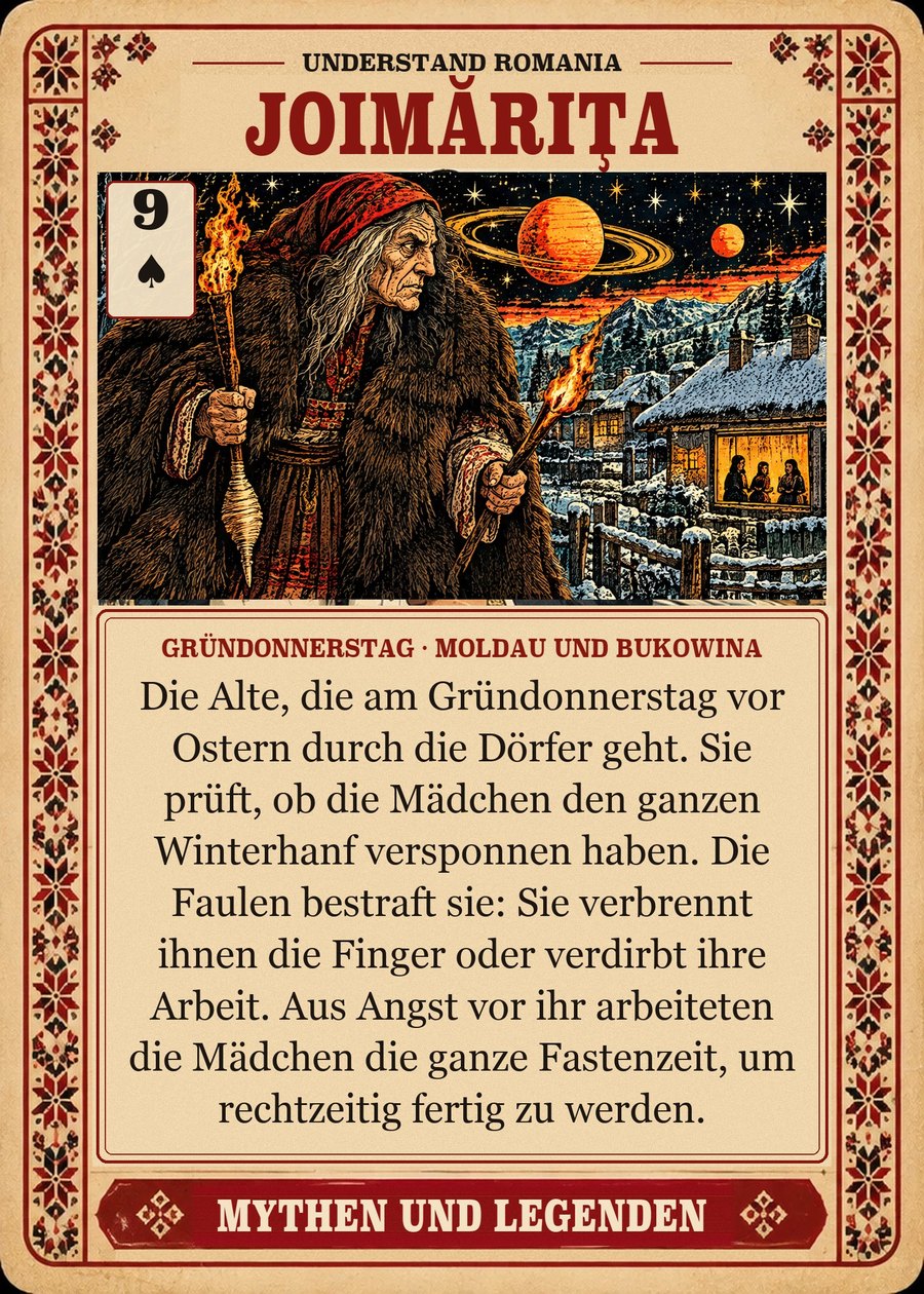 JOIMĂRIȚA — Gründonnerstag · Moldau und Bukowina. Die Alte, die am Gründonnerstag vor Ostern durch die Dörfer geht. Sie prüft, ob die Mädchen den ganzen Winterhanf versponnen haben. Die Faulen bestraft sie: Sie verbrennt ihnen die Finger oder verdirbt ihre Arbeit. Aus Angst vor ihr arbeiteten die Mädchen die ganze Fastenzeit, um rechtzeitig fertig zu werden.
