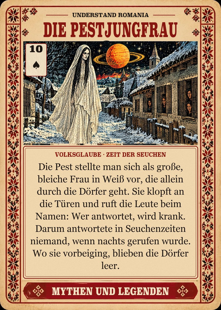 DIE PESTJUNGFRAU — Volksglaube · Zeit der Seuchen. Die Pest stellte man sich als große, bleiche Frau in Weiß vor, die allein durch die Dörfer geht. Sie klopft an die Türen und ruft die Leute beim Namen: Wer antwortet, wird krank. Darum antwortete in Seuchenzeiten niemand, wenn nachts gerufen wurde. Wo sie vorbeiging, blieben die Dörfer leer.