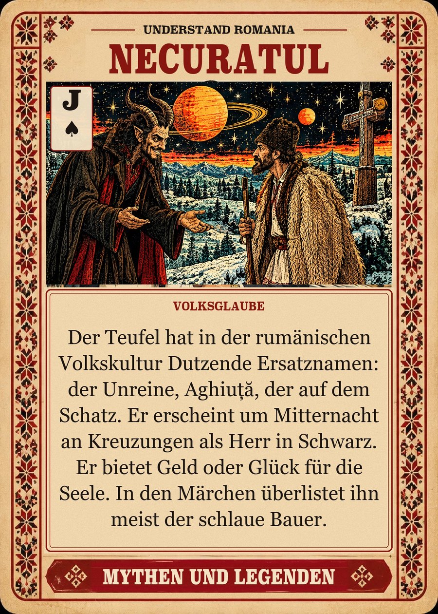 NECURATUL — Volksglaube. Der Teufel hat in der rumänischen Volkskultur Dutzende Ersatznamen: der Unreine, Aghiuță, der auf dem Schatz. Er erscheint um Mitternacht an Kreuzungen als Herr in Schwarz. Er bietet Geld oder Glück für die Seele. In den Märchen überlistet ihn meist der schlaue Bauer.