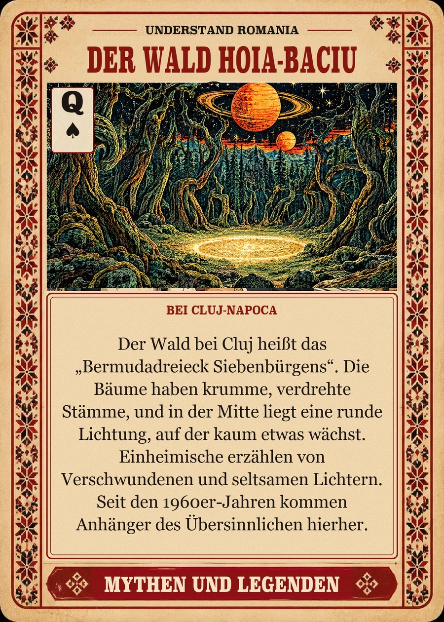 DER WALD HOIA-BACIU — bei Cluj-Napoca. Der Wald bei Cluj heißt das „Bermudadreieck Siebenbürgens“. Die Bäume haben krumme, verdrehte Stämme, und in der Mitte liegt eine runde Lichtung, auf der kaum etwas wächst. Einheimische erzählen von Verschwundenen und seltsamen Lichtern. Seit den 1960er-Jahren kommen Anhänger des Übersinnlichen hierher.