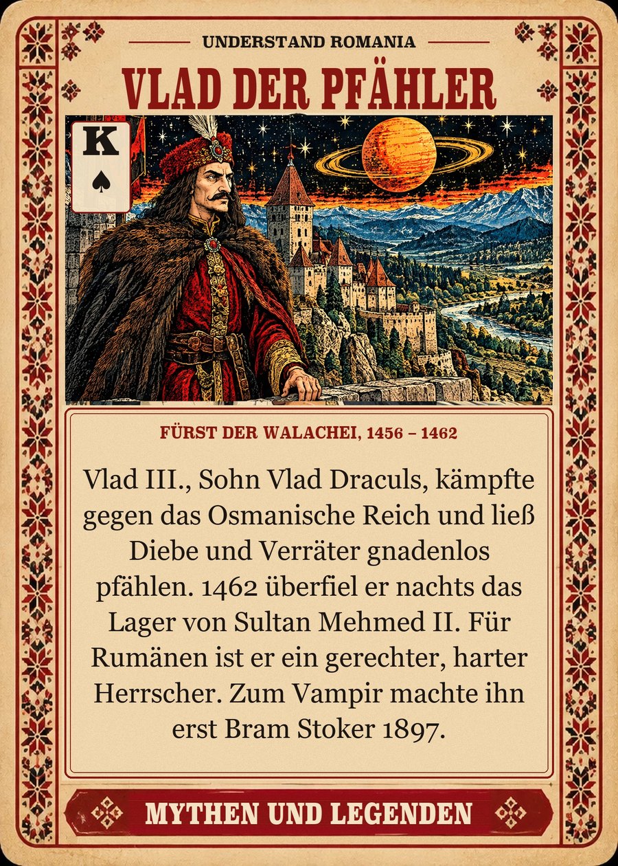 VLAD DER PFÄHLER — Fürst der Walachei, 1456 – 1462. Vlad III., Sohn Vlad Draculs, kämpfte gegen das Osmanische Reich und ließ Diebe und Verräter gnadenlos pfählen. 1462 überfiel er nachts das Lager von Sultan Mehmed II. Für Rumänen ist er ein gerechter, harter Herrscher. Zum Vampir machte ihn erst Bram Stoker 1897.