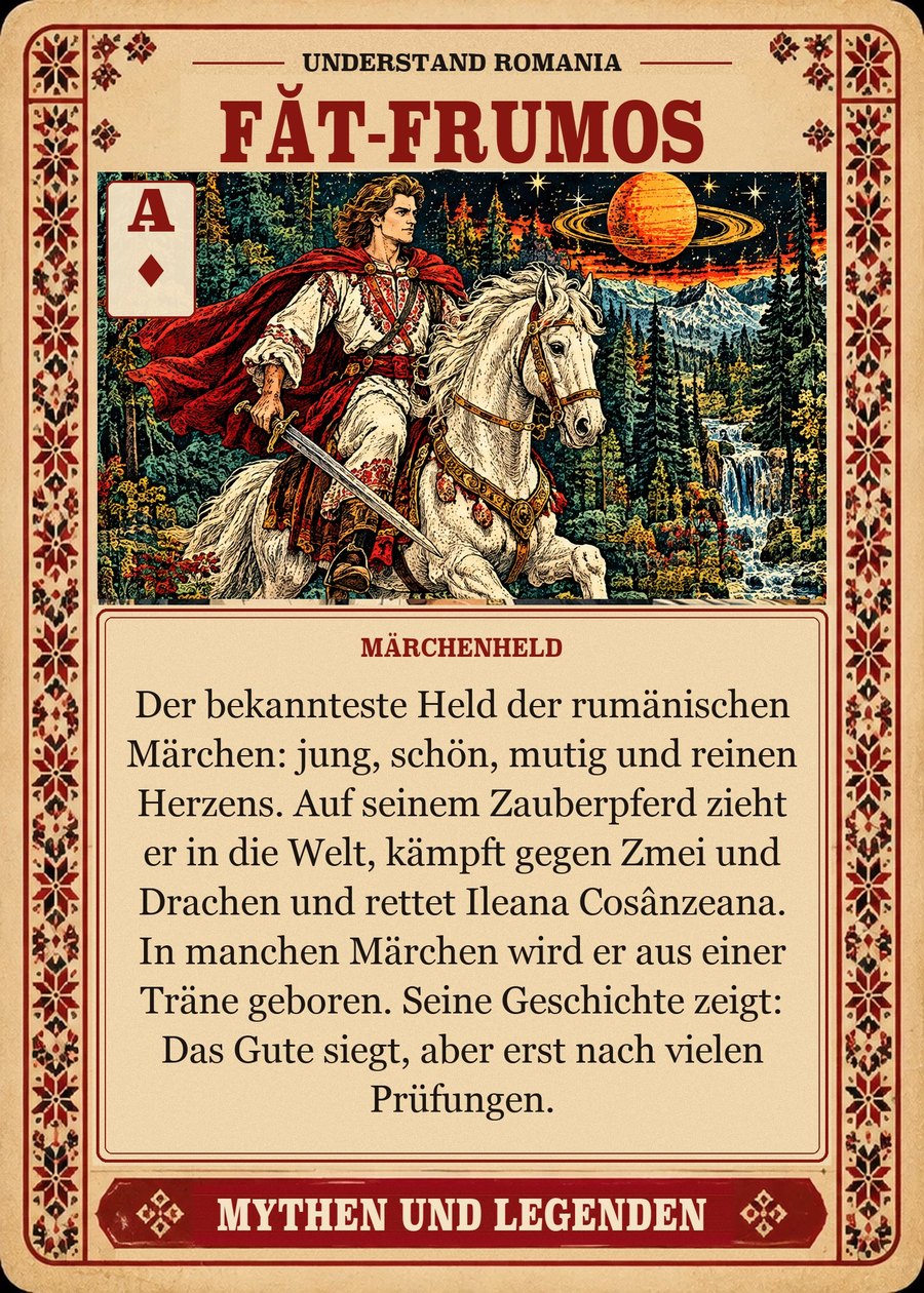 FĂT-FRUMOS — Märchenheld. Der bekannteste Held der rumänischen Märchen: jung, schön, mutig und reinen Herzens. Auf seinem Zauberpferd zieht er in die Welt, kämpft gegen Zmei und Drachen und rettet Ileana Cosânzeana. In manchen Märchen wird er aus einer Träne geboren. Seine Geschichte zeigt: Das Gute siegt, aber erst nach vielen Prüfungen.