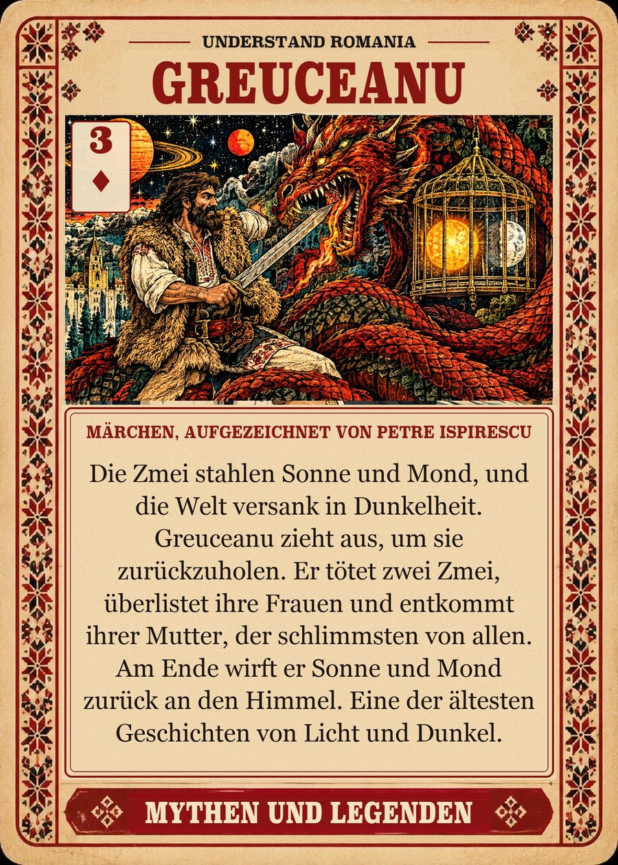 GREUCEANU — Märchen, aufgezeichnet von Petre Ispirescu. Die Zmei stahlen Sonne und Mond, und die Welt versank in Dunkelheit. Greuceanu zieht aus, um sie zurückzuholen. Er tötet zwei Zmei, überlistet ihre Frauen und entkommt ihrer Mutter, der schlimmsten von allen. Am Ende wirft er Sonne und Mond zurück an den Himmel. Eine der ältesten Geschichten von Licht und Dunkel.