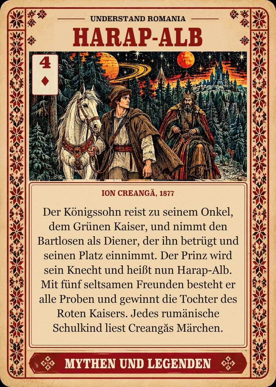 HARAP-ALB — Ion Creangă, 1877. Der Königssohn reist zu seinem Onkel, dem Grünen Kaiser, und nimmt den Bartlosen als Diener, der ihn betrügt und seinen Platz einnimmt. Der Prinz wird sein Knecht und heißt nun Harap-Alb. Mit fünf seltsamen Freunden besteht er alle Proben und gewinnt die Tochter des Roten Kaisers. Jedes rumänische Schulkind liest Creangăs Märchen.