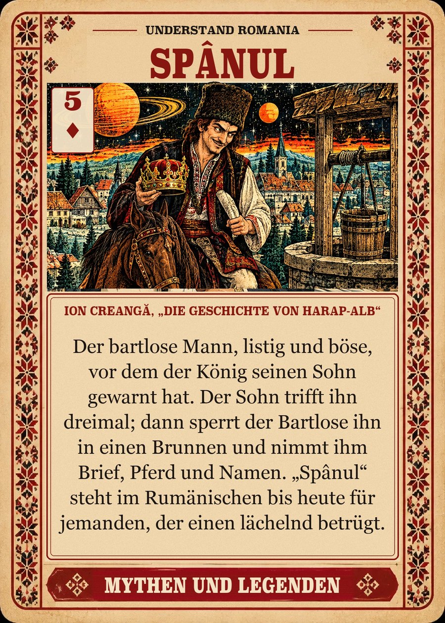 SPÂNUL — Ion Creangă, „Die Geschichte von Harap-Alb“. Der bartlose Mann, listig und böse, vor dem der König seinen Sohn gewarnt hat. Der Sohn trifft ihn dreimal; dann sperrt der Bartlose ihn in einen Brunnen und nimmt ihm Brief, Pferd und Namen. „Spânul“ steht im Rumänischen bis heute für jemanden, der einen lächelnd betrügt.