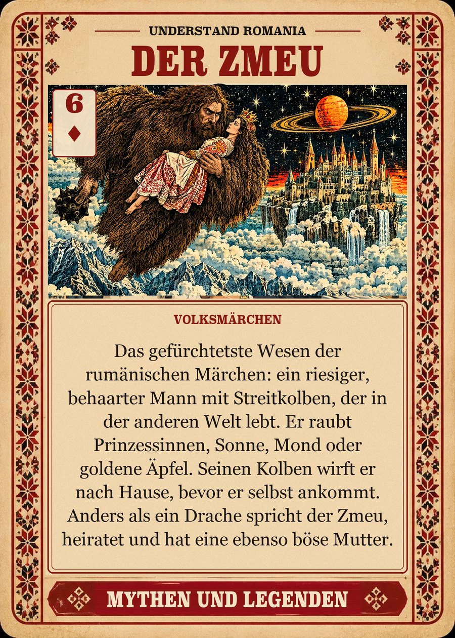 DER ZMEU — Volksmärchen. Das gefürchtetste Wesen der rumänischen Märchen: ein riesiger, behaarter Mann mit Streitkolben, der in der anderen Welt lebt. Er raubt Prinzessinnen, Sonne, Mond oder goldene Äpfel. Seinen Kolben wirft er nach Hause, bevor er selbst ankommt. Anders als ein Drache spricht der Zmeu, heiratet und hat eine ebenso böse Mutter.