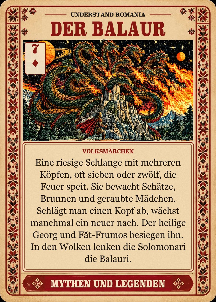 DER BALAUR — Volksmärchen. Eine riesige Schlange mit mehreren Köpfen, oft sieben oder zwölf, die Feuer speit. Sie bewacht Schätze, Brunnen und geraubte Mädchen. Schlägt man einen Kopf ab, wächst manchmal ein neuer nach. Der heilige Georg und Făt-Frumos besiegen ihn. In den Wolken lenken die Solomonari die Balauri.
