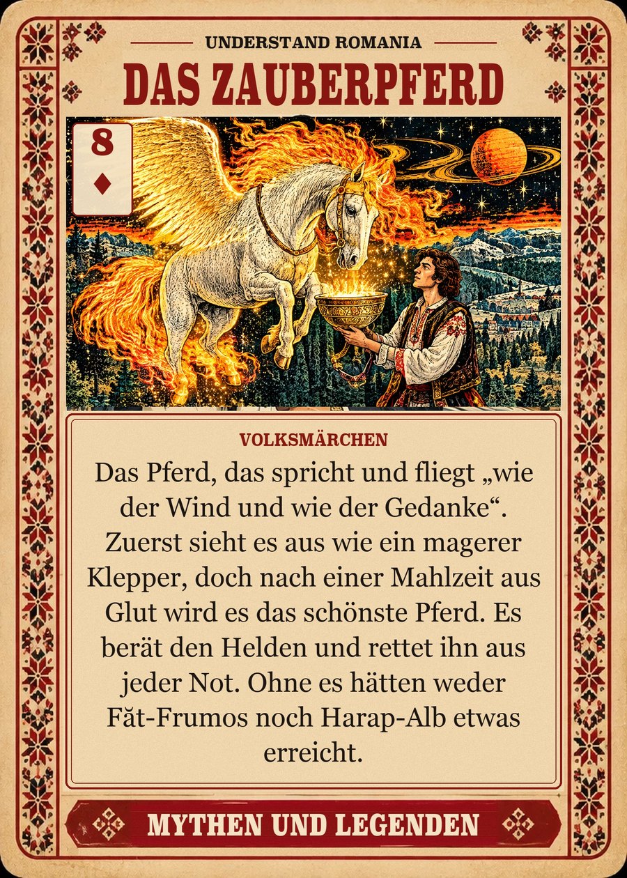 DAS ZAUBERPFERD — Volksmärchen. Das Pferd, das spricht und fliegt „wie der Wind und wie der Gedanke“. Zuerst sieht es aus wie ein magerer Klepper, doch nach einer Mahlzeit aus Glut wird es das schönste Pferd. Es berät den Helden und rettet ihn aus jeder Not. Ohne es hätten weder Făt-Frumos noch Harap-Alb etwas erreicht.
