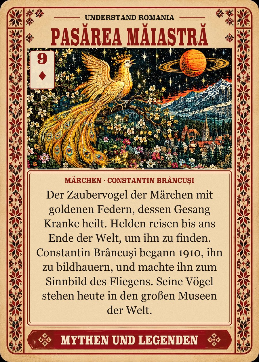 PASĂREA MĂIASTRĂ — Märchen · Constantin Brâncuși. Der Zaubervogel der Märchen mit goldenen Federn, dessen Gesang Kranke heilt. Helden reisen bis ans Ende der Welt, um ihn zu finden. Constantin Brâncuși begann 1910, ihn zu bildhauern, und machte ihn zum Sinnbild des Fliegens. Seine Vögel stehen heute in den großen Museen der Welt.
