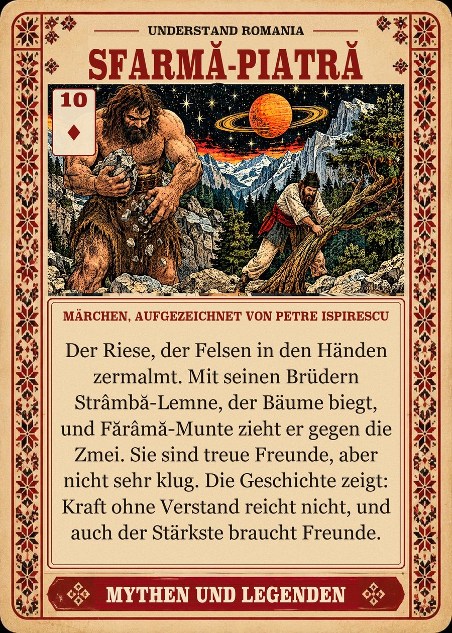 SFARMĂ-PIATRĂ — Märchen, aufgezeichnet von Petre Ispirescu. Der Riese, der Felsen in den Händen zermalmt. Mit seinen Brüdern Strâmbă-Lemne, der Bäume biegt, und Fărâmă-Munte zieht er gegen die Zmei. Sie sind treue Freunde, aber nicht sehr klug. Die Geschichte zeigt: Kraft ohne Verstand reicht nicht, und auch der Stärkste braucht Freunde.