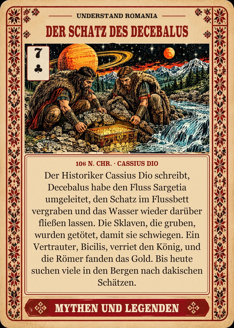 DER SCHATZ DES DECEBALUS — 106 n. Chr. · Cassius Dio. Der Historiker Cassius Dio schreibt, Decebalus habe den Fluss Sargetia umgeleitet, den Schatz im Flussbett vergraben und das Wasser wieder darüber fließen lassen. Die Sklaven, die gruben, wurden getötet, damit sie schwiegen. Ein Vertrauter, Bicilis, verriet den König, und die Römer fanden das Gold. Bis heute suchen viele in den Bergen nach dakischen Schätzen.