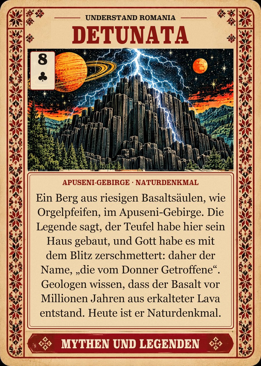 DETUNATA — Apuseni-Gebirge · Naturdenkmal. Ein Berg aus riesigen Basaltsäulen, wie Orgelpfeifen, im Apuseni-Gebirge. Die Legende sagt, der Teufel habe hier sein Haus gebaut, und Gott habe es mit dem Blitz zerschmettert: daher der Name, „die vom Donner Getroffene“. Geologen wissen, dass der Basalt vor Millionen Jahren aus erkalteter Lava entstand. Heute ist er Naturdenkmal.