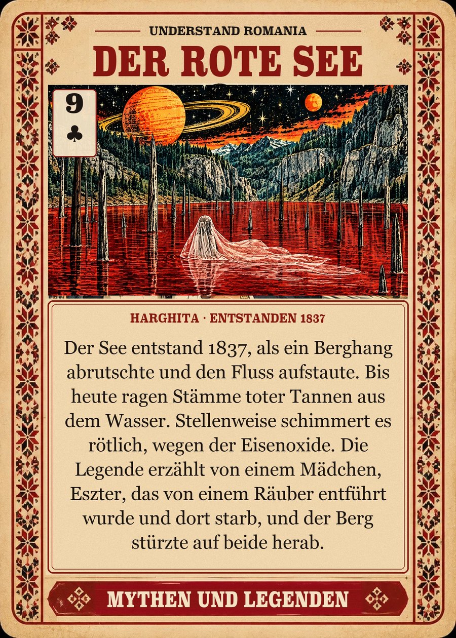 DER ROTE SEE — Harghita · entstanden 1837. Der See entstand 1837, als ein Berghang abrutschte und den Fluss aufstaute. Bis heute ragen Stämme toter Tannen aus dem Wasser. Stellenweise schimmert es rötlich, wegen der Eisenoxide. Die Legende erzählt von einem Mädchen, Eszter, das von einem Räuber entführt wurde und dort starb, und der Berg stürzte auf beide herab.