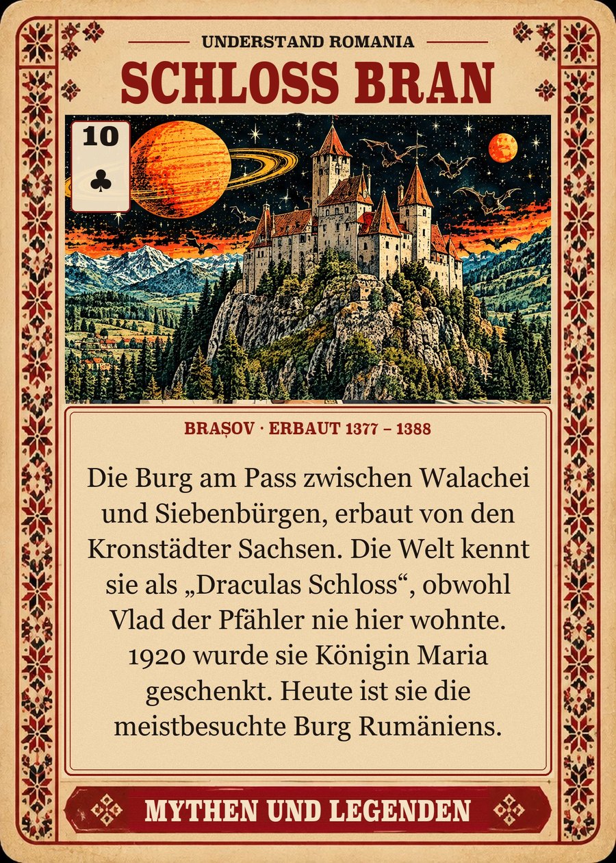 SCHLOSS BRAN — Brașov · erbaut 1377 – 1388. Die Burg am Pass zwischen Walachei und Siebenbürgen, erbaut von den Kronstädter Sachsen. Die Welt kennt sie als „Draculas Schloss“, obwohl Vlad der Pfähler nie hier wohnte. 1920 wurde sie Königin Maria geschenkt. Heute ist sie die meistbesuchte Burg Rumäniens.