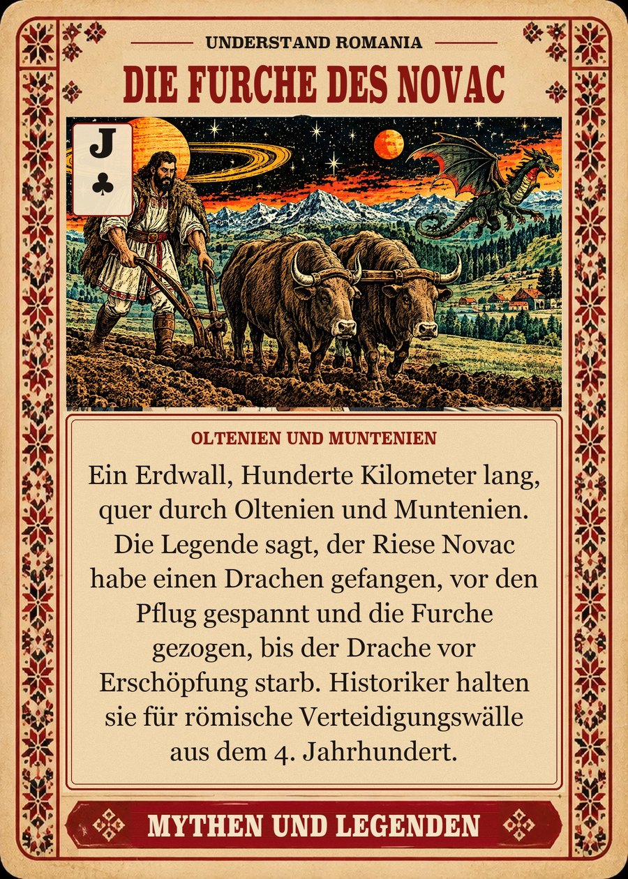 DIE FURCHE DES NOVAC — Oltenien und Muntenien. Ein Erdwall, Hunderte Kilometer lang, quer durch Oltenien und Muntenien. Die Legende sagt, der Riese Novac habe einen Drachen gefangen, vor den Pflug gespannt und die Furche gezogen, bis der Drache vor Erschöpfung starb. Historiker halten sie für römische Verteidigungswälle aus dem 4. Jahrhundert.