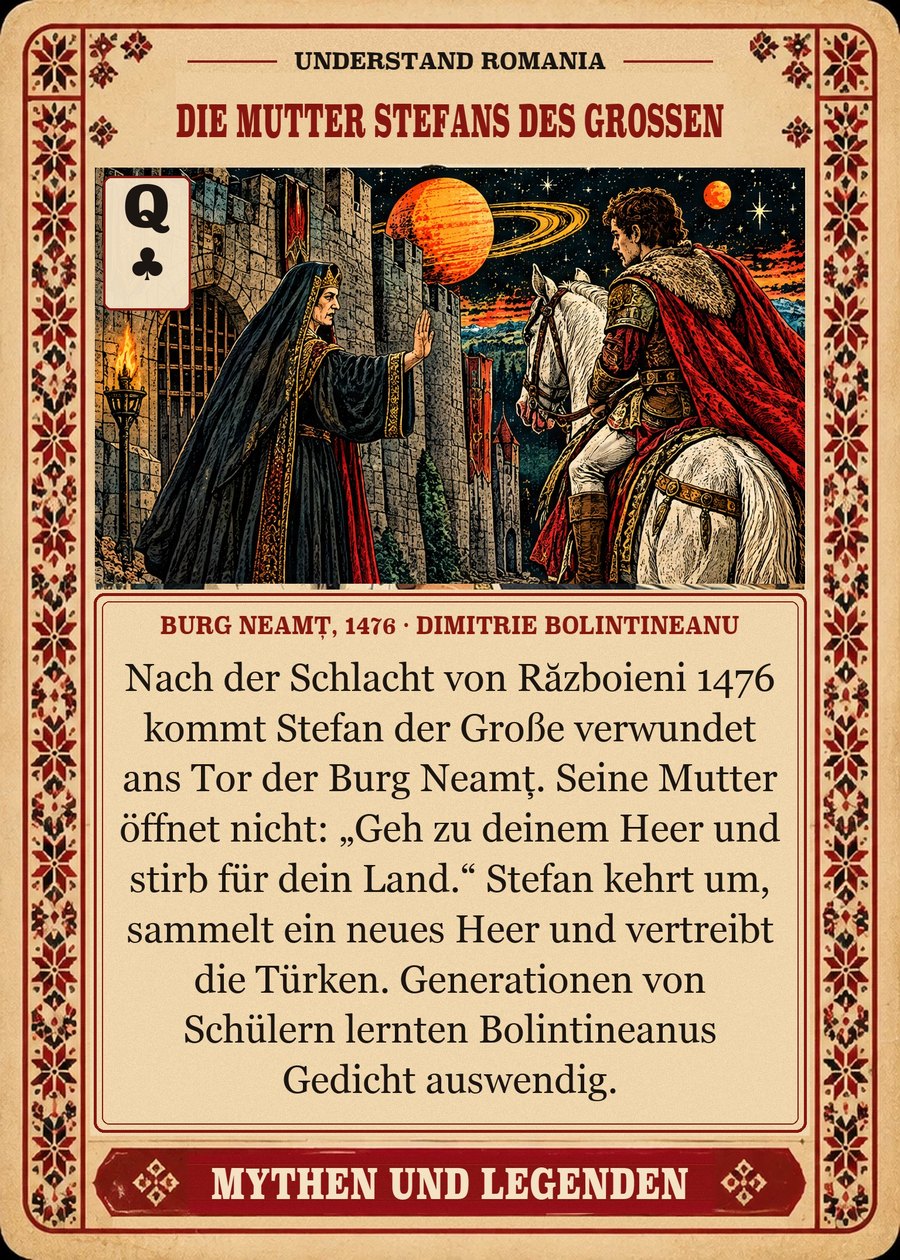 DIE MUTTER STEFANS DES GROSSEN — Burg Neamț, 1476 · Dimitrie Bolintineanu. Nach der Schlacht von Războieni 1476 kommt Stefan der Große verwundet ans Tor der Burg Neamț. Seine Mutter öffnet nicht: „Geh zu deinem Heer und stirb für dein Land.“ Stefan kehrt um, sammelt ein neues Heer und vertreibt die Türken. Generationen von Schülern lernten Bolintineanus Gedicht auswendig.