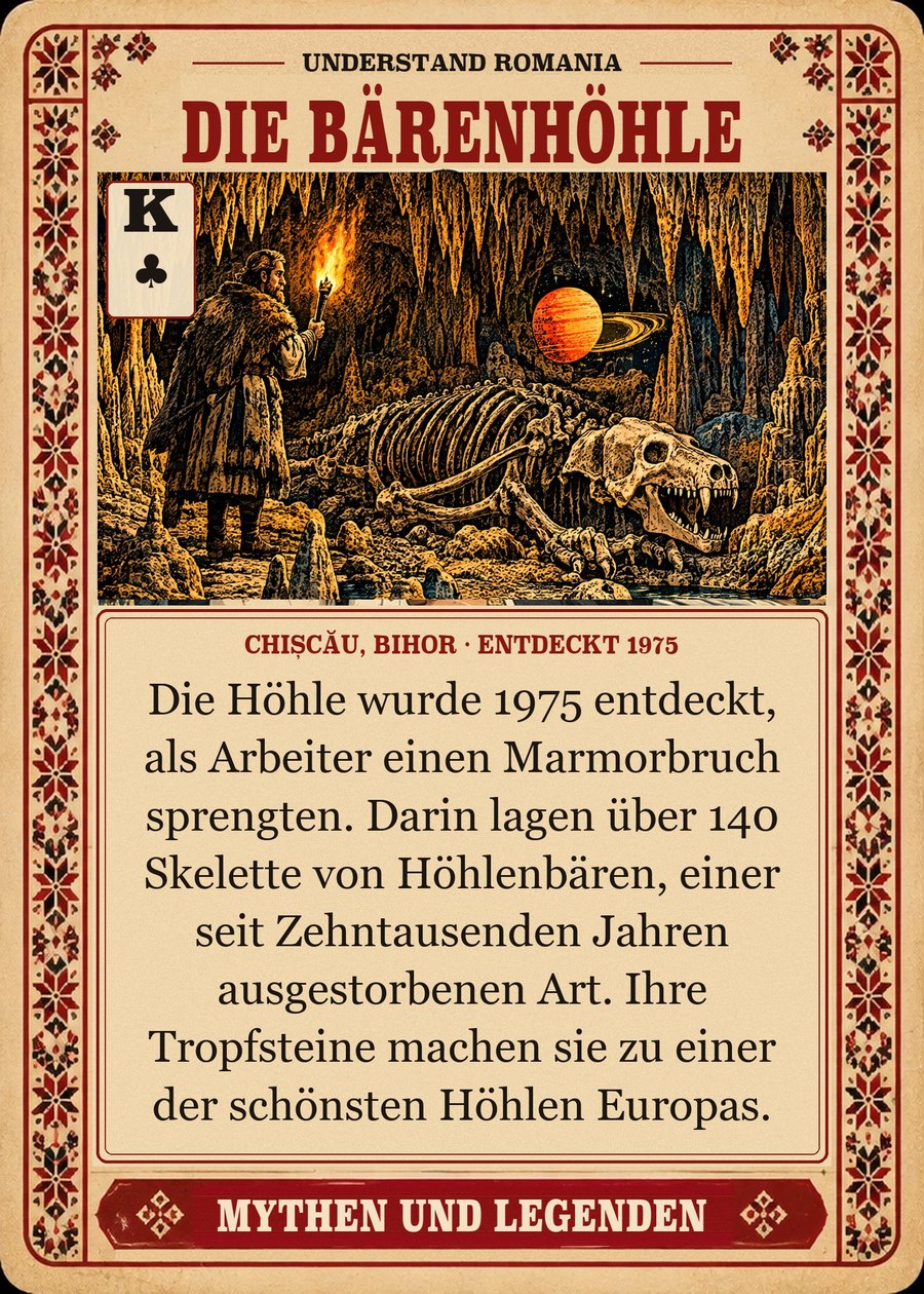 DIE BÄRENHÖHLE — Chișcău, Bihor · entdeckt 1975. Die Höhle wurde 1975 entdeckt, als Arbeiter einen Marmorbruch sprengten. Darin lagen über 140 Skelette von Höhlenbären, einer seit Zehntausenden Jahren ausgestorbenen Art. Ihre Tropfsteine machen sie zu einer der schönsten Höhlen Europas.