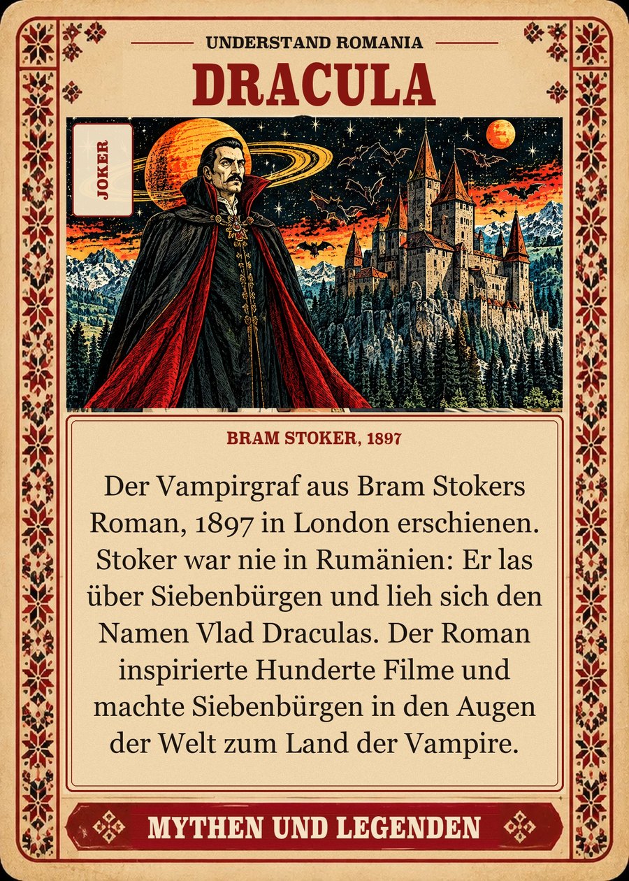 DRACULA — Bram Stoker, 1897. Der Vampirgraf aus Bram Stokers Roman, 1897 in London erschienen. Stoker war nie in Rumänien: Er las über Siebenbürgen und lieh sich den Namen Vlad Draculas. Der Roman inspirierte Hunderte Filme und machte Siebenbürgen in den Augen der Welt zum Land der Vampire.