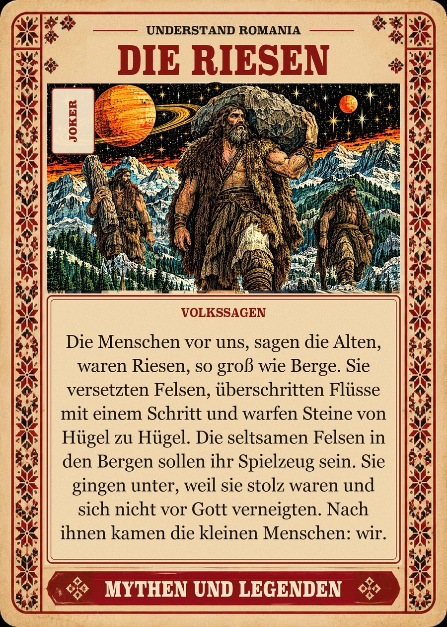 DIE RIESEN — Volkssagen. Die Menschen vor uns, sagen die Alten, waren Riesen, so groß wie Berge. Sie versetzten Felsen, überschritten Flüsse mit einem Schritt und warfen Steine von Hügel zu Hügel. Die seltsamen Felsen in den Bergen sollen ihr Spielzeug sein. Sie gingen unter, weil sie stolz waren und sich nicht vor Gott verneigten. Nach ihnen kamen die kleinen Menschen: wir.