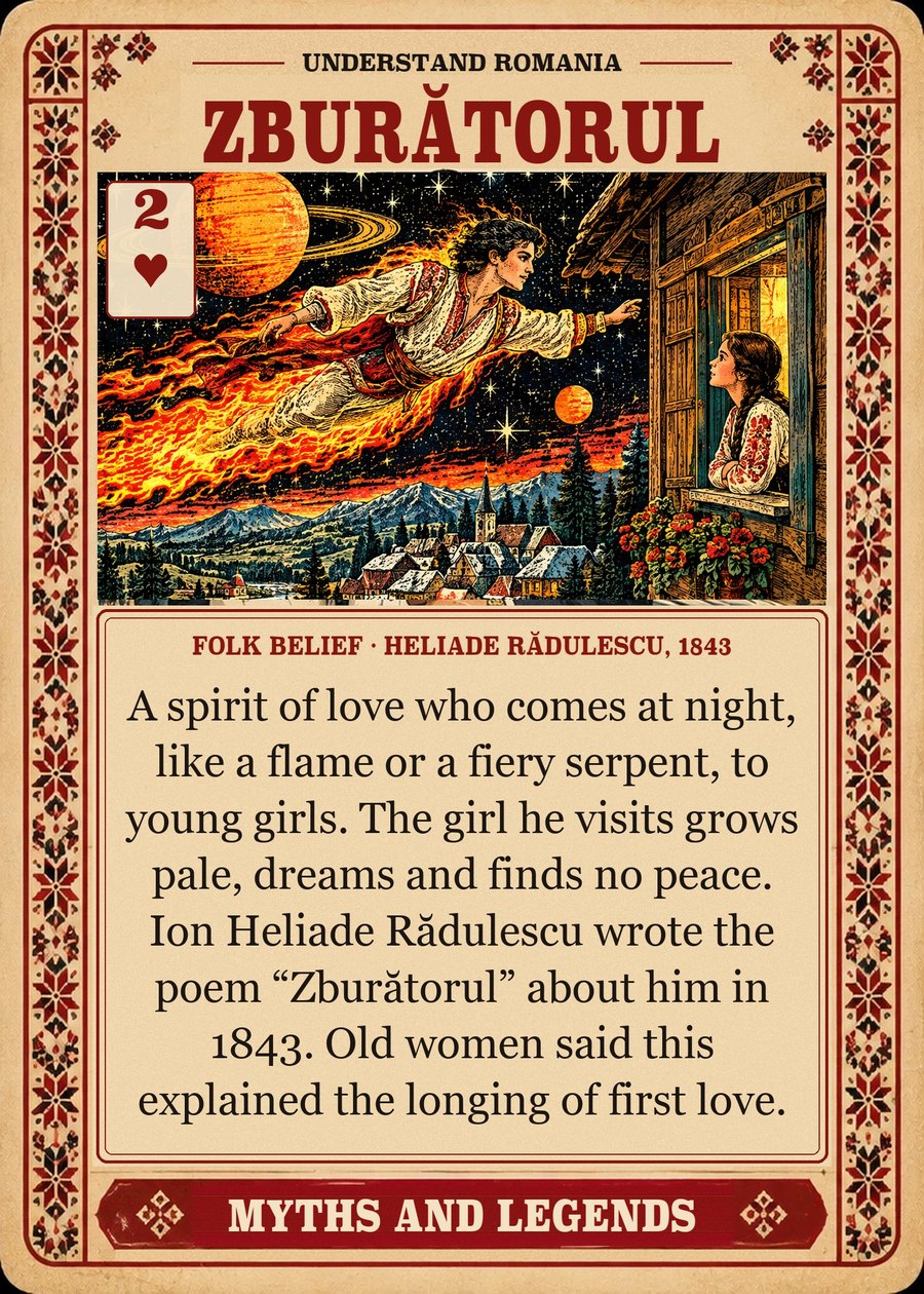 ZBURĂTORUL — folk belief · Heliade Rădulescu, 1843. A spirit of love who comes at night, like a flame or a fiery serpent, to young girls. The girl he visits grows pale, dreams and finds no peace. Ion Heliade Rădulescu wrote the poem “Zburătorul” about him in 1843. Old women said this explained the longing of first love.
