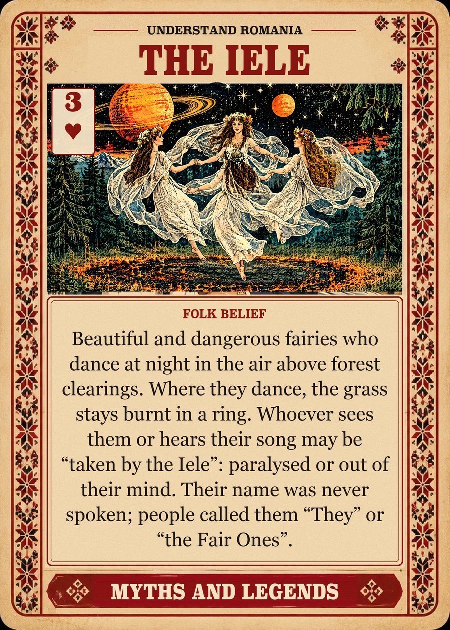 THE IELE — folk belief. Beautiful and dangerous fairies who dance at night in the air above forest clearings. Where they dance, the grass stays burnt in a ring. Whoever sees them or hears their song may be “taken by the Iele”: paralysed or out of their mind. Their name was never spoken; people called them “They” or “the Fair Ones”.