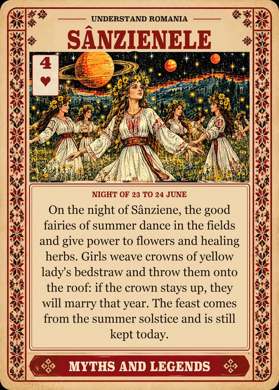 SÂNZIENELE — night of 23 to 24 June. On the night of Sânziene, the good fairies of summer dance in the fields and give power to flowers and healing herbs. Girls weave crowns of yellow lady's bedstraw and throw them onto the roof: if the crown stays up, they will marry that year. The feast comes from the summer solstice and is still kept today.
