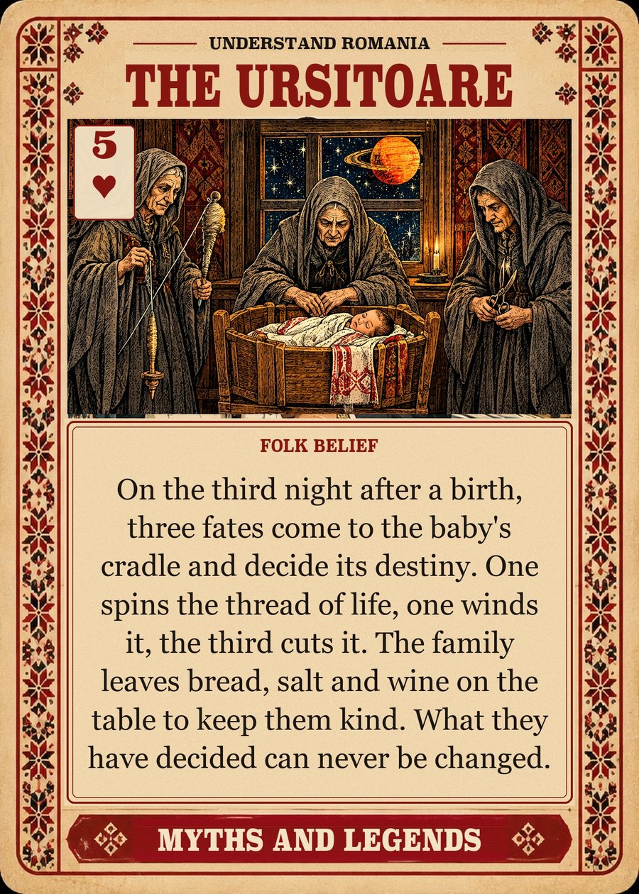THE URSITOARE — folk belief. On the third night after a birth, three fates come to the baby's cradle and decide its destiny. One spins the thread of life, one winds it, the third cuts it. The family leaves bread, salt and wine on the table to keep them kind. What they have decided can never be changed.
