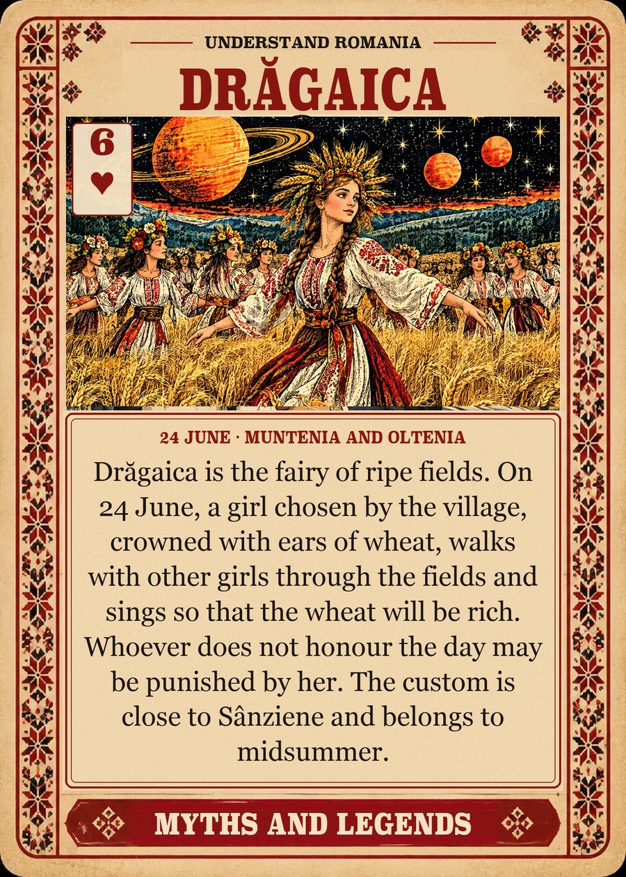DRĂGAICA — 24 June · Muntenia and Oltenia. Drăgaica is the fairy of ripe fields. On 24 June, a girl chosen by the village, crowned with ears of wheat, walks with other girls through the fields and sings so that the wheat will be rich. Whoever does not honour the day may be punished by her. The custom is close to Sânziene and belongs to midsummer.