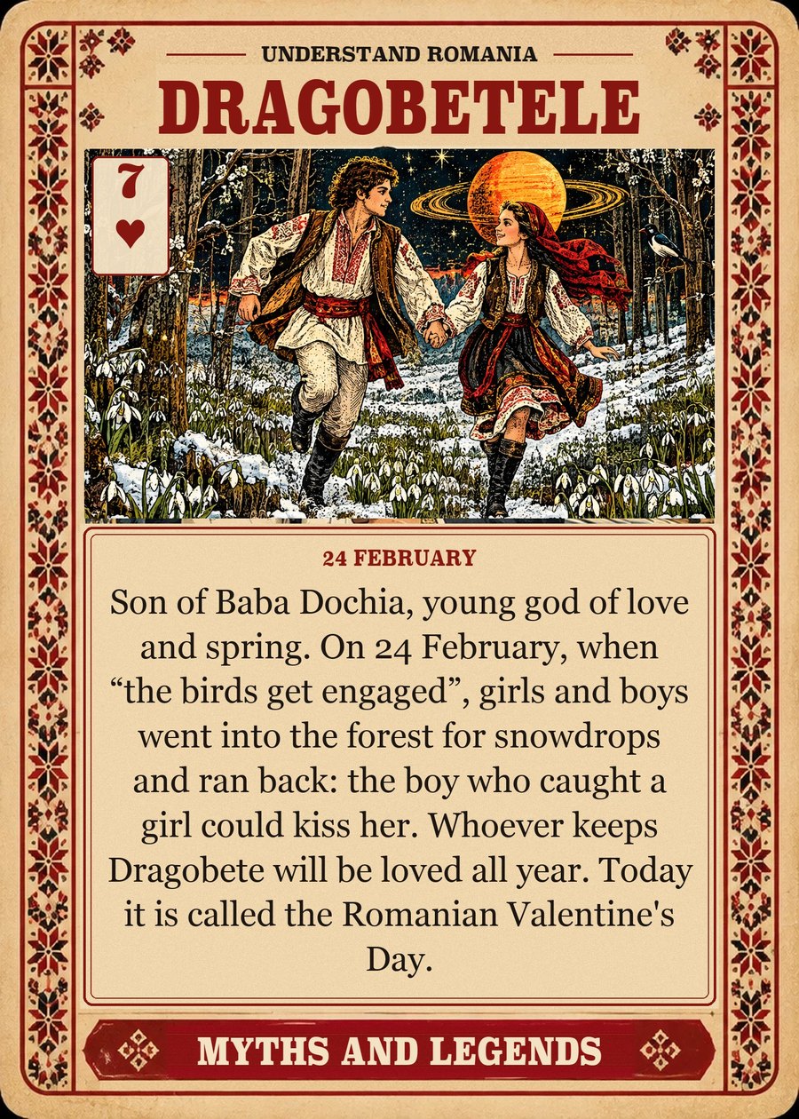 DRAGOBETELE — 24 February. Son of Baba Dochia, young god of love and spring. On 24 February, when “the birds get engaged”, girls and boys went into the forest for snowdrops and ran back: the boy who caught a girl could kiss her. Whoever keeps Dragobete will be loved all year. Today it is called the Romanian Valentine's Day.