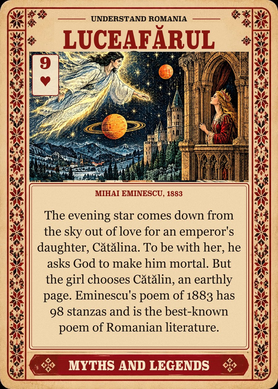 LUCEAFĂRUL — Mihai Eminescu, 1883. The evening star comes down from the sky out of love for an emperor's daughter, Cătălina. To be with her, he asks God to make him mortal. But the girl chooses Cătălin, an earthly page. Eminescu's poem of 1883 has 98 stanzas and is the best-known poem of Romanian literature.