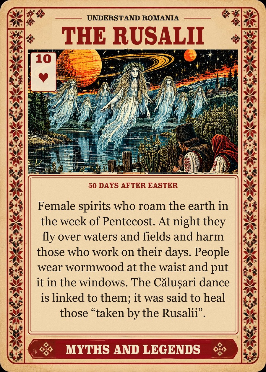 THE RUSALII — 50 days after Easter. Female spirits who roam the earth in the week of Pentecost. At night they fly over waters and fields and harm those who work on their days. People wear wormwood at the waist and put it in the windows. The Călușari dance is linked to them; it was said to heal those “taken by the Rusalii”.