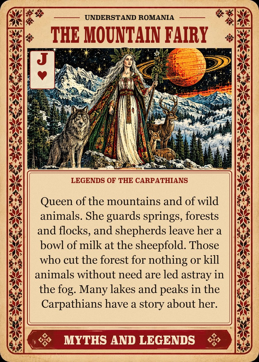 THE MOUNTAIN FAIRY — legends of the Carpathians. Queen of the mountains and of wild animals. She guards springs, forests and flocks, and shepherds leave her a bowl of milk at the sheepfold. Those who cut the forest for nothing or kill animals without need are led astray in the fog. Many lakes and peaks in the Carpathians have a story about her.