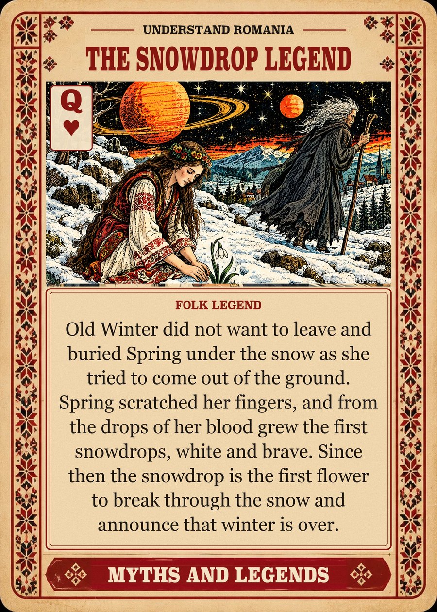 THE SNOWDROP LEGEND — folk legend. Old Winter did not want to leave and buried Spring under the snow as she tried to come out of the ground. Spring scratched her fingers, and from the drops of her blood grew the first snowdrops, white and brave. Since then the snowdrop is the first flower to break through the snow and announce that winter is over.