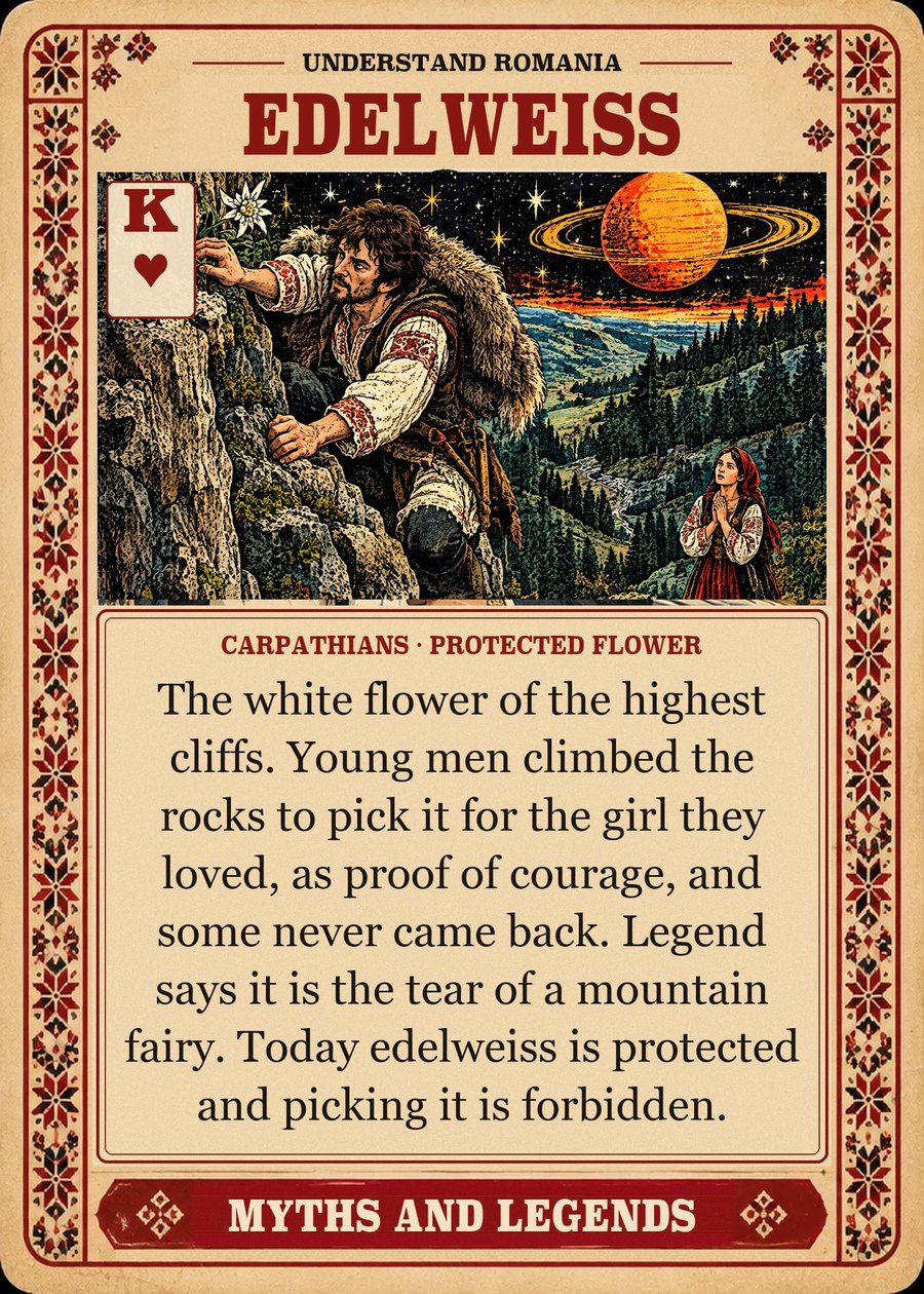 EDELWEISS — Carpathians · protected flower. The white flower of the highest cliffs. Young men climbed the rocks to pick it for the girl they loved, as proof of courage, and some never came back. Legend says it is the tear of a mountain fairy. Today edelweiss is protected and picking it is forbidden.
