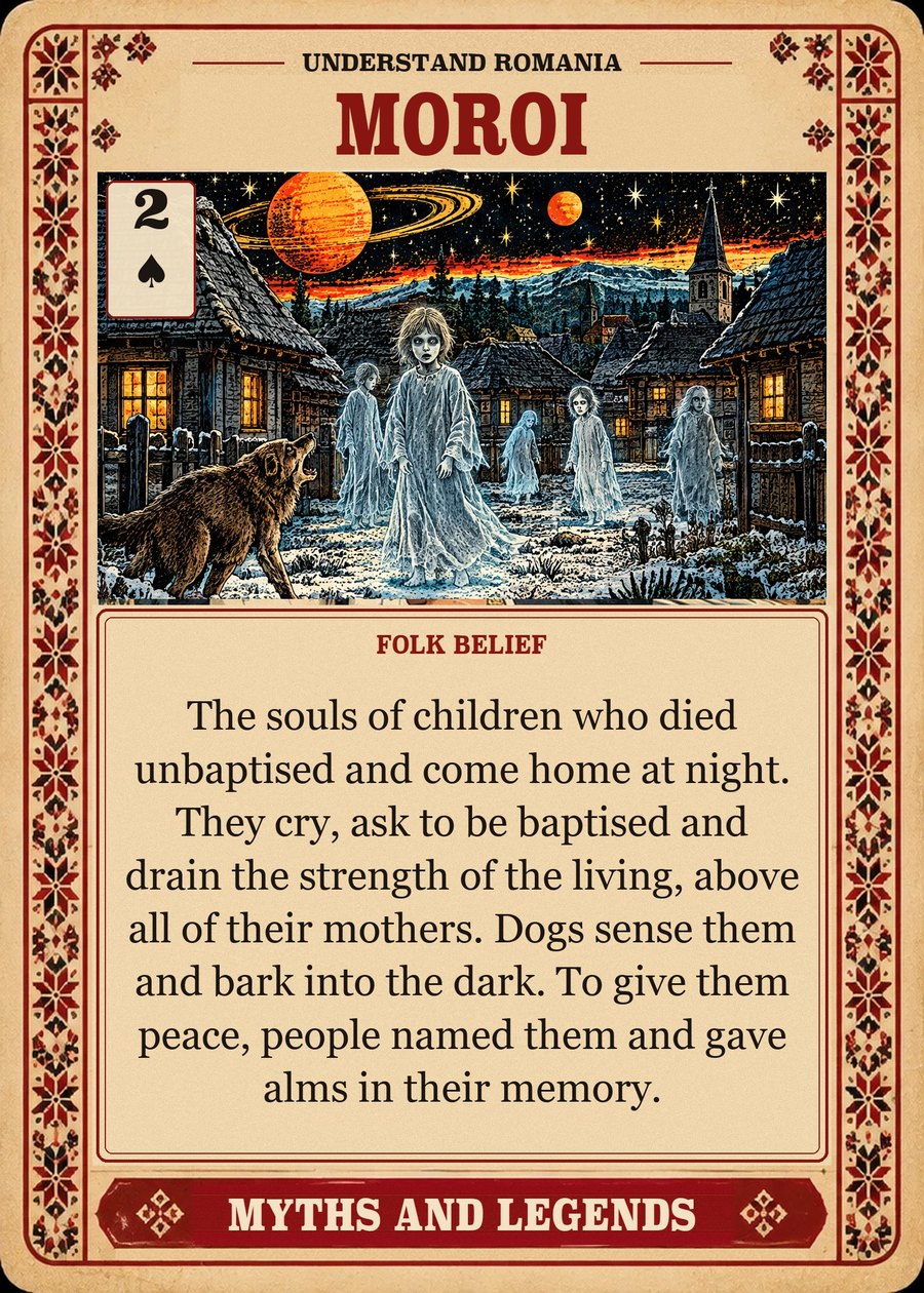 MOROI — folk belief. The souls of children who died unbaptised and come home at night. They cry, ask to be baptised and drain the strength of the living, above all of their mothers. Dogs sense them and bark into the dark. To give them peace, people named them and gave alms in their memory.