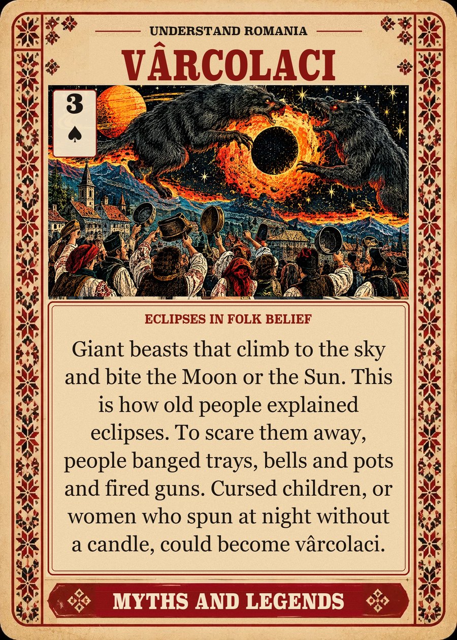 VÂRCOLACI — eclipses in folk belief. Giant beasts that climb to the sky and bite the Moon or the Sun. This is how old people explained eclipses. To scare them away, people banged trays, bells and pots and fired guns. Cursed children, or women who spun at night without a candle, could become vârcolaci.