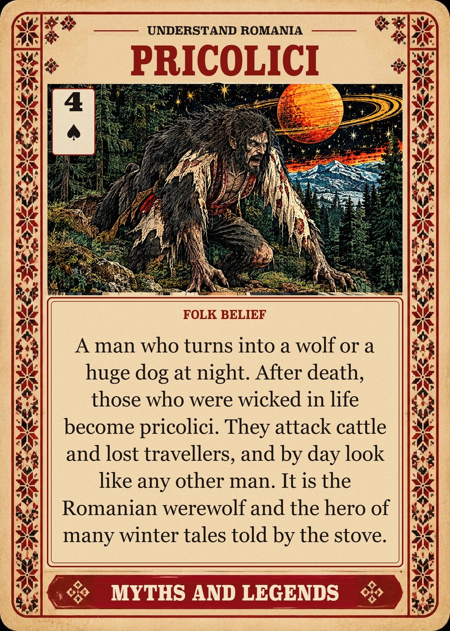 PRICOLICI — folk belief. A man who turns into a wolf or a huge dog at night. After death, those who were wicked in life become pricolici. They attack cattle and lost travellers, and by day look like any other man. It is the Romanian werewolf and the hero of many winter tales told by the stove.