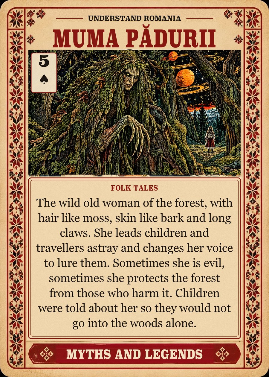MUMA PĂDURII — folk tales. The wild old woman of the forest, with hair like moss, skin like bark and long claws. She leads children and travellers astray and changes her voice to lure them. Sometimes she is evil, sometimes she protects the forest from those who harm it. Children were told about her so they would not go into the woods alone.