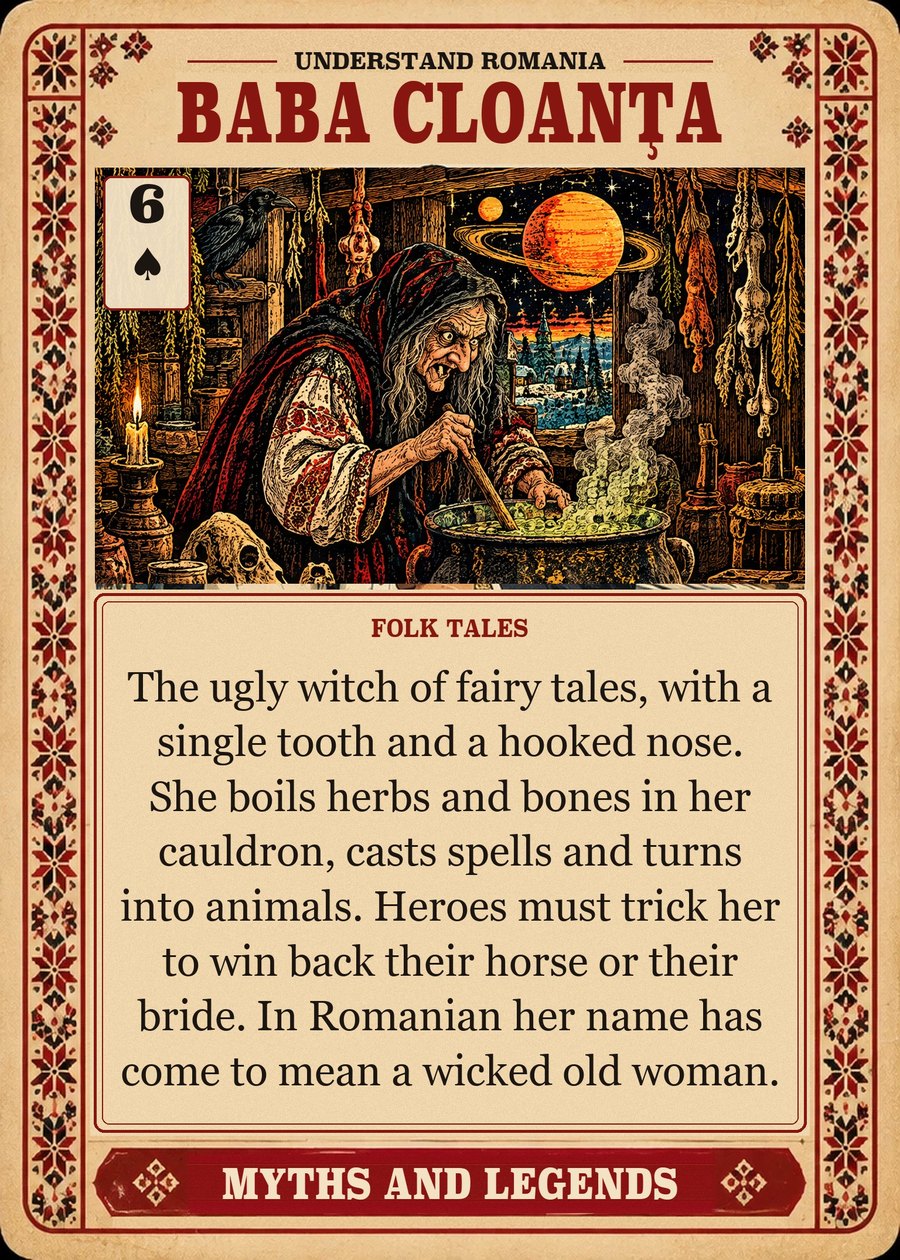 BABA CLOANȚA — folk tales. The ugly witch of fairy tales, with a single tooth and a hooked nose. She boils herbs and bones in her cauldron, casts spells and turns into animals. Heroes must trick her to win back their horse or their bride. In Romanian her name has come to mean a wicked old woman.